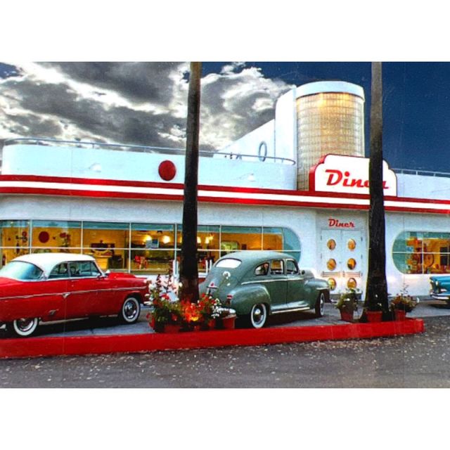 Pre-printed and designed backdrop DINER CLASSIC CARS Backdrop Hire 3.6mW x 2.3mH