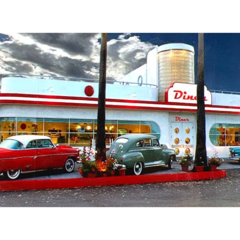 Pre-printed and designed backdrop DINER CLASSIC CARS Backdrop Hire 3.6mW x 2.3mH