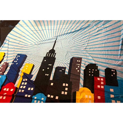 Pre-printed and designed backdrop COLOURFUL SKYLINE BUILDING CITY Backdrop Hire 3.58mW x 3mH